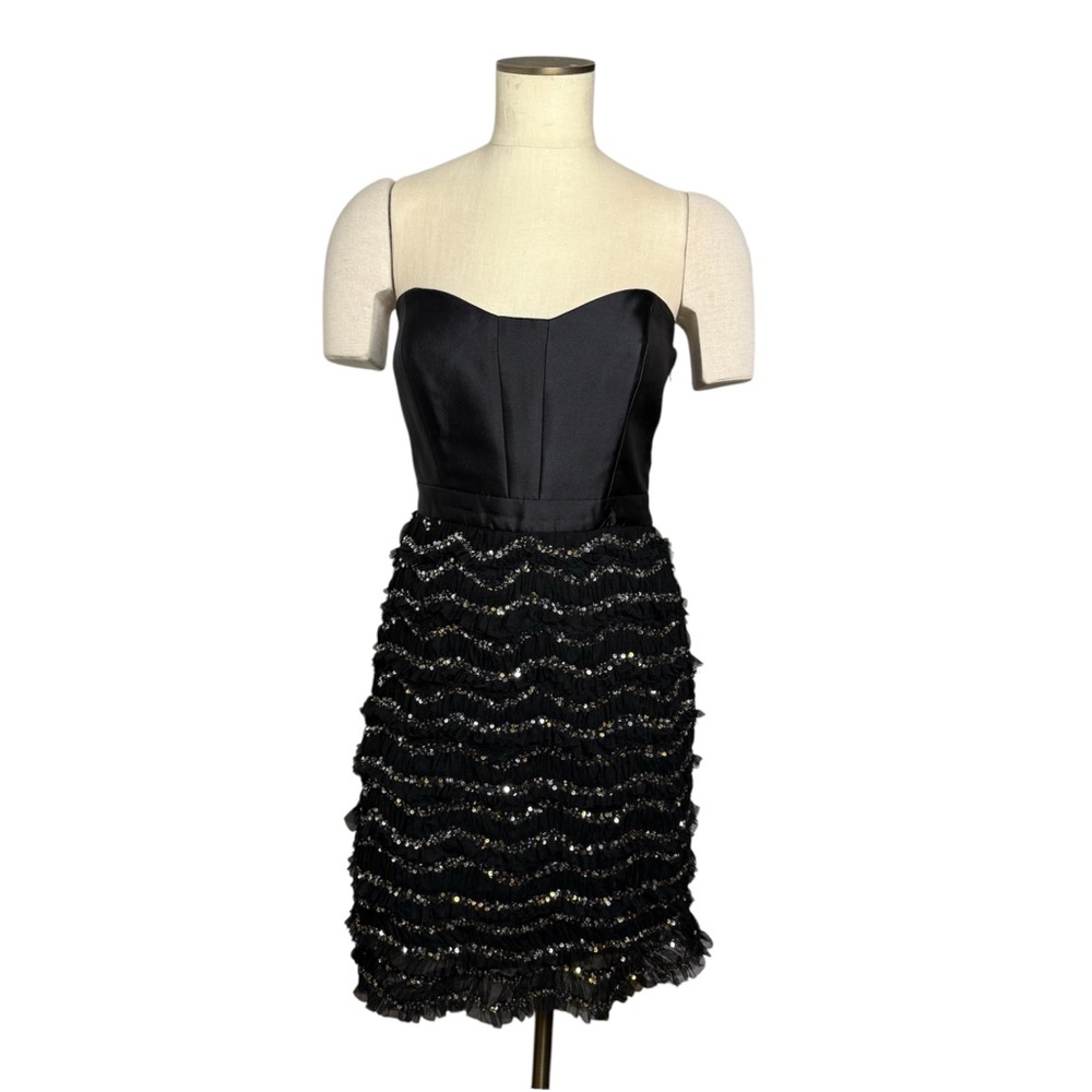MILLY Vintage Black Sequin Beaded Ruffled Wool Silk Strapless Bandeau Dress Sz 6
